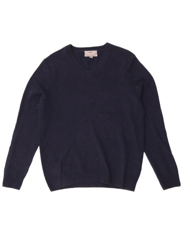 Suéter masculino Marks & Spencer com decote em V, lã de carneiro azul marinho médio