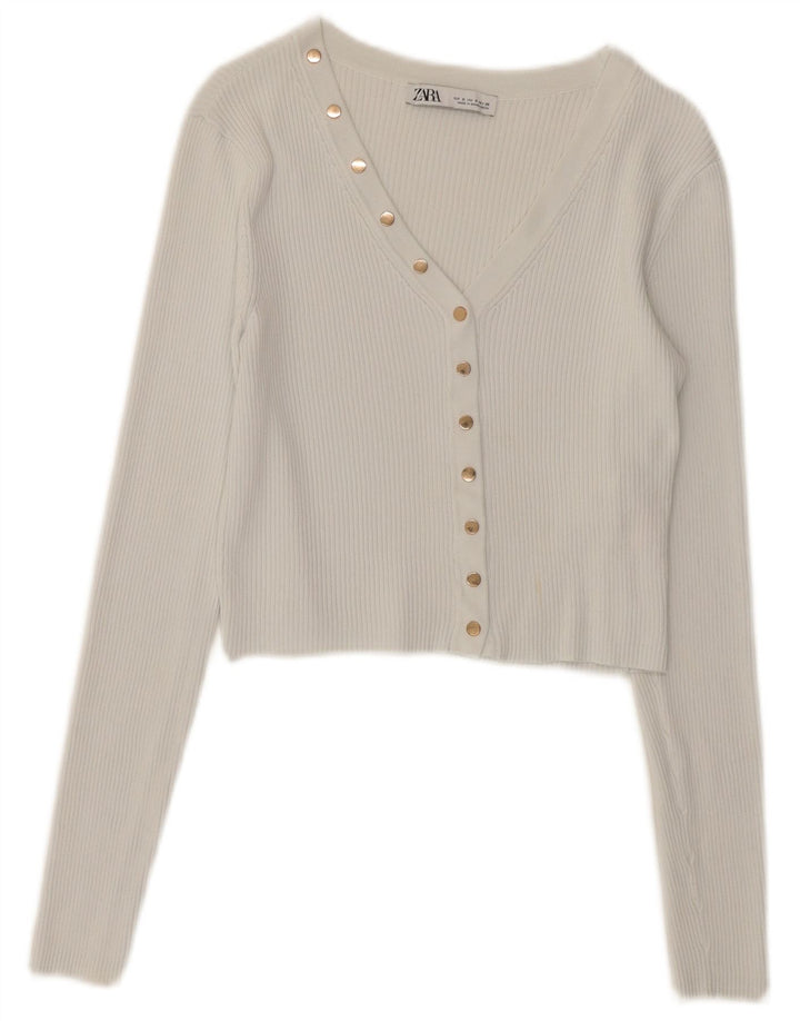 Zara Womens Crop Cardigan Top UK 10 Pequeno Branco Poliamida