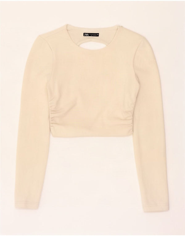 Zara Womens Long Sleeve Crop Top UK 4 XS Off White Poliéster