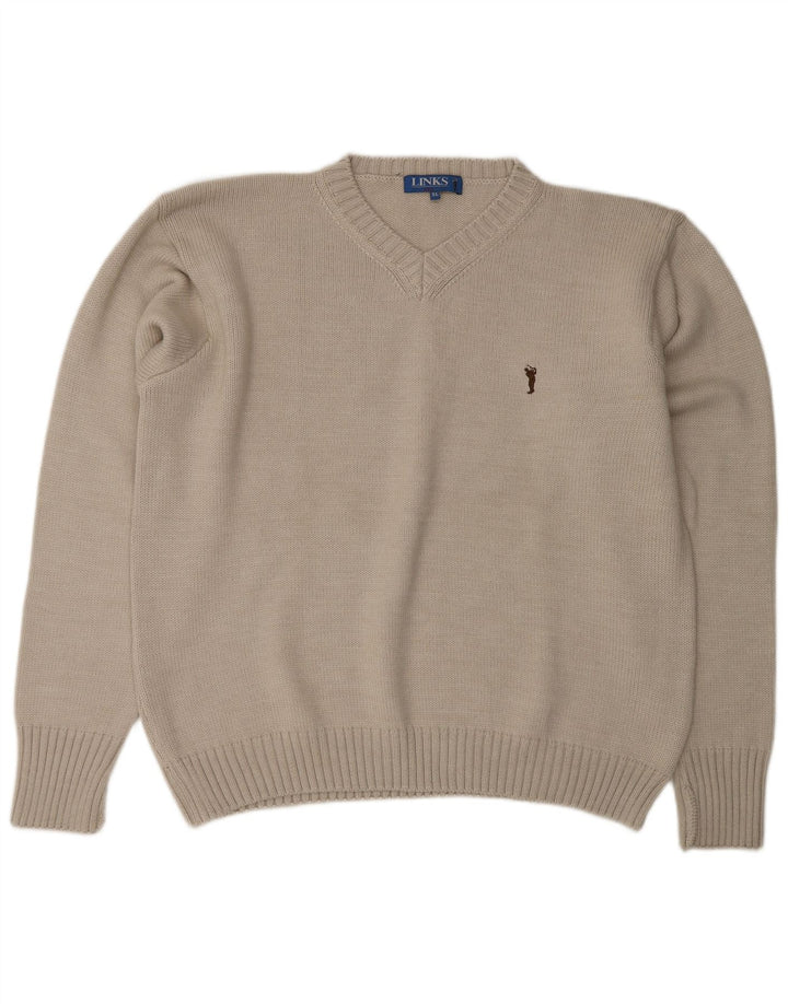 Suéter masculino vintage com decote em V XL lã Merino cinza