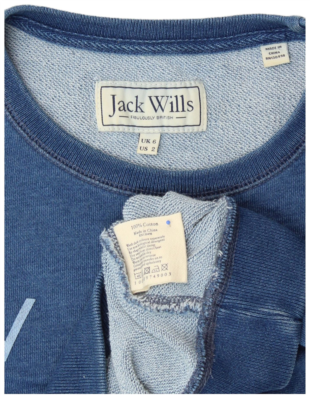 JACK WILLS moletom gráfico feminino jumper UK 6 XS algodão azul
