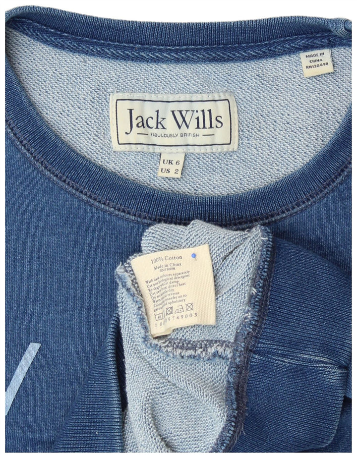 JACK WILLS moletom gráfico feminino jumper UK 6 XS algodão azul