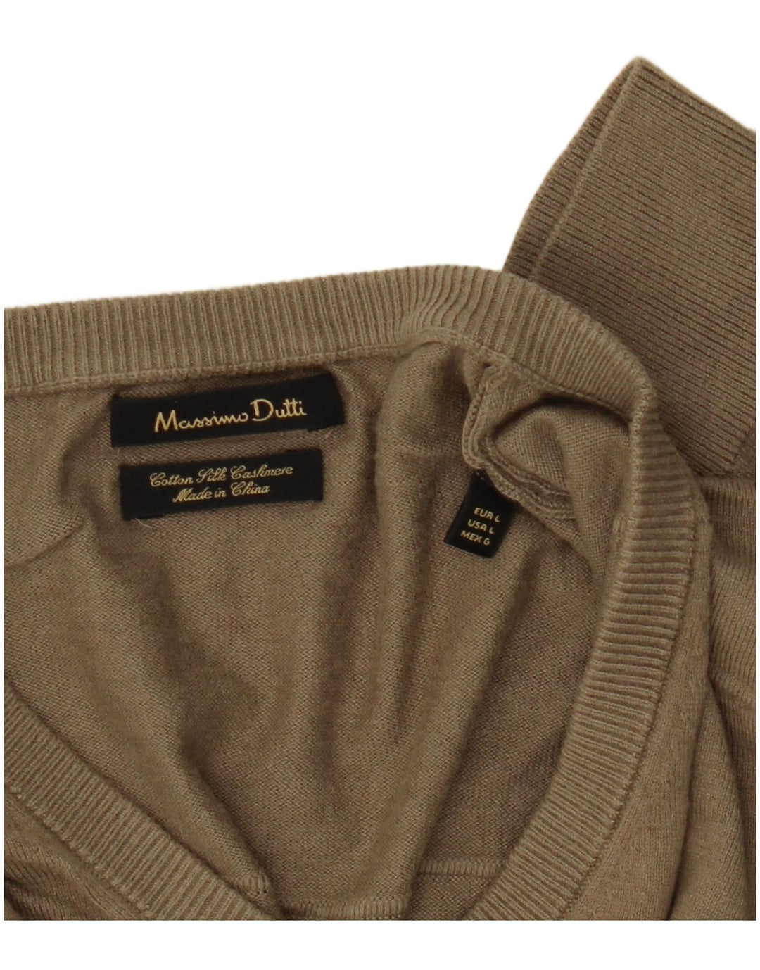 Suéter masculino Massimo Dutti com decote em V, grande algodão cáqui