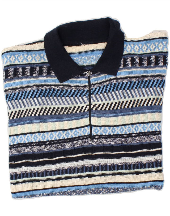 Suéter masculino VINTAGE com gola polo grande listrado azul