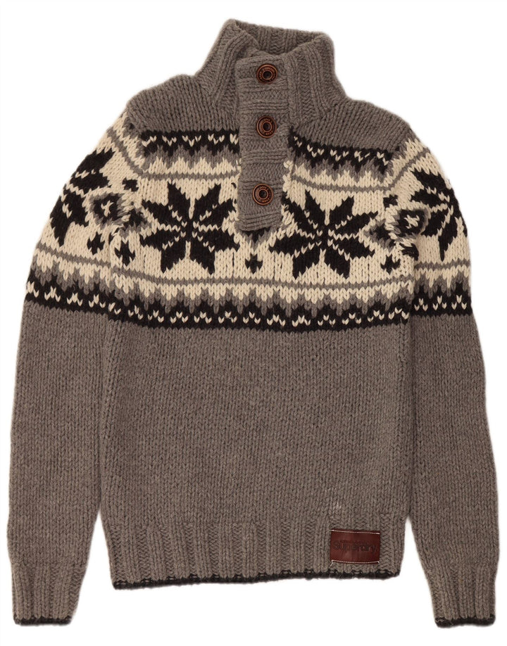 Suéter masculino SUPERDRY com gola redonda e grande lã Fair Isle cinza