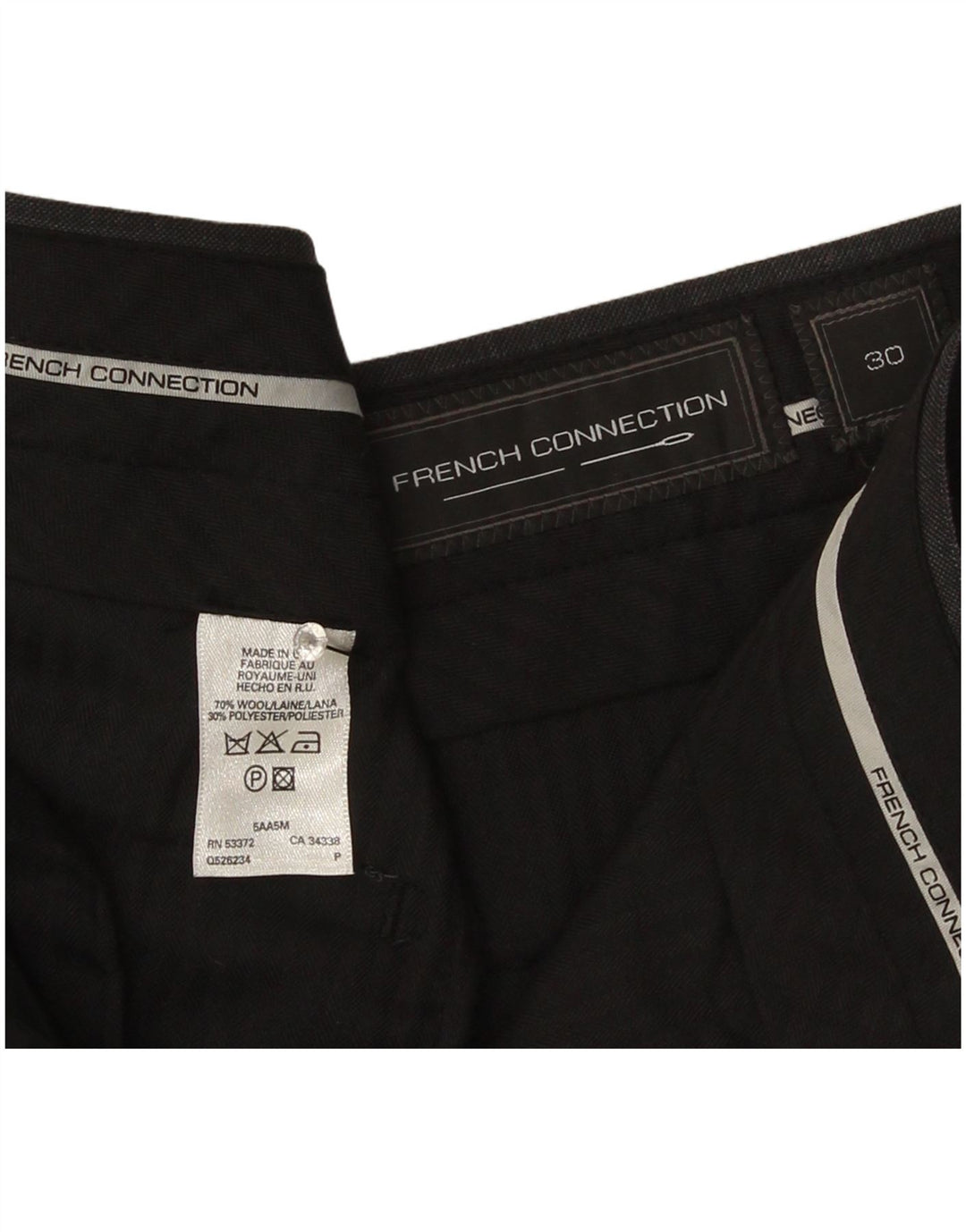 Calça masculina de terno reto French Connection W30 L33 lã listrada cinza