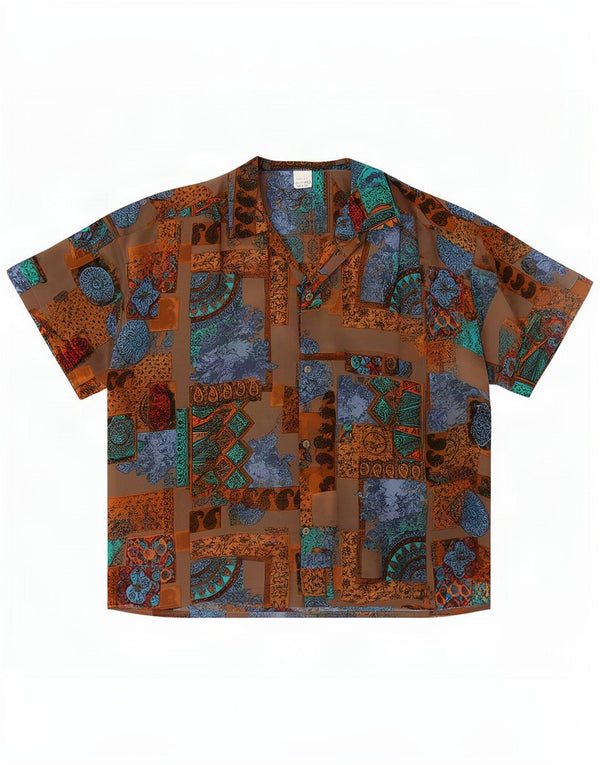 Blusa feminina vintage de manga curta UK 20 2XL marrom patchwork seda