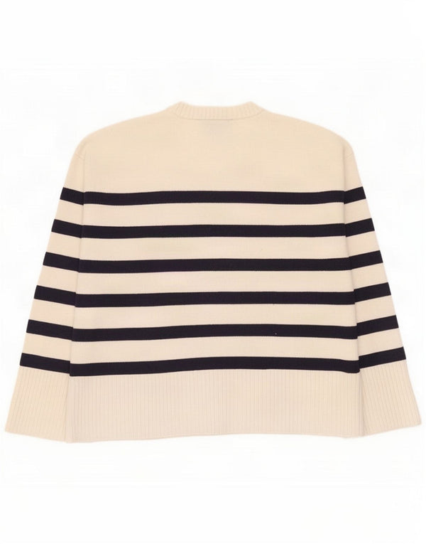 Suéter feminino grande com gola redonda da Zara pequeno listrado esbranquiçado