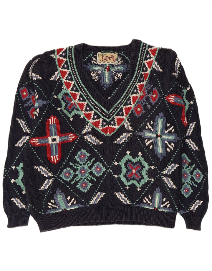 Suéter feminino S.Moritz com decote em V Reino Unido 16 grande algodão azul marinho