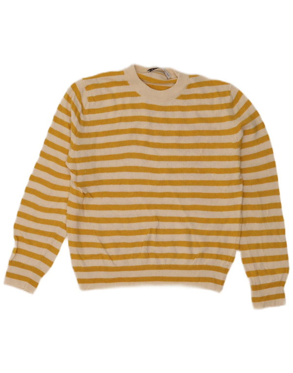 Suéter feminino Zara com gola redonda e listras amarelas pequenas UK 10
