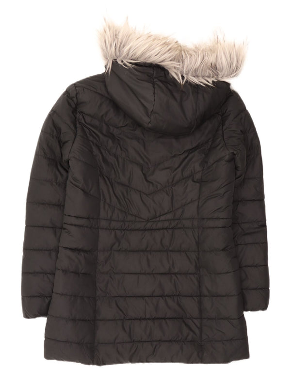 Casaco acolchoado Sherpa feminino com capuz Hollister UK 14 poliéster preto médio