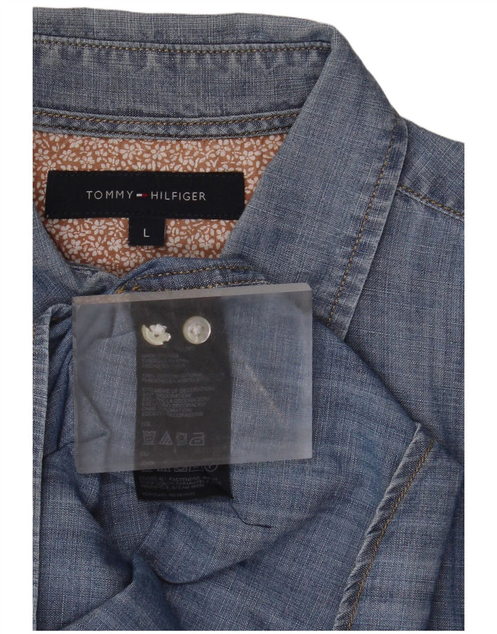 Camisa jeans masculina Tommy Hilfiger grande algodão azul