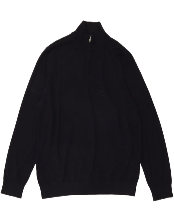 Suéter masculino Marks & Spencer com zíper e gola grande de lã azul marinho