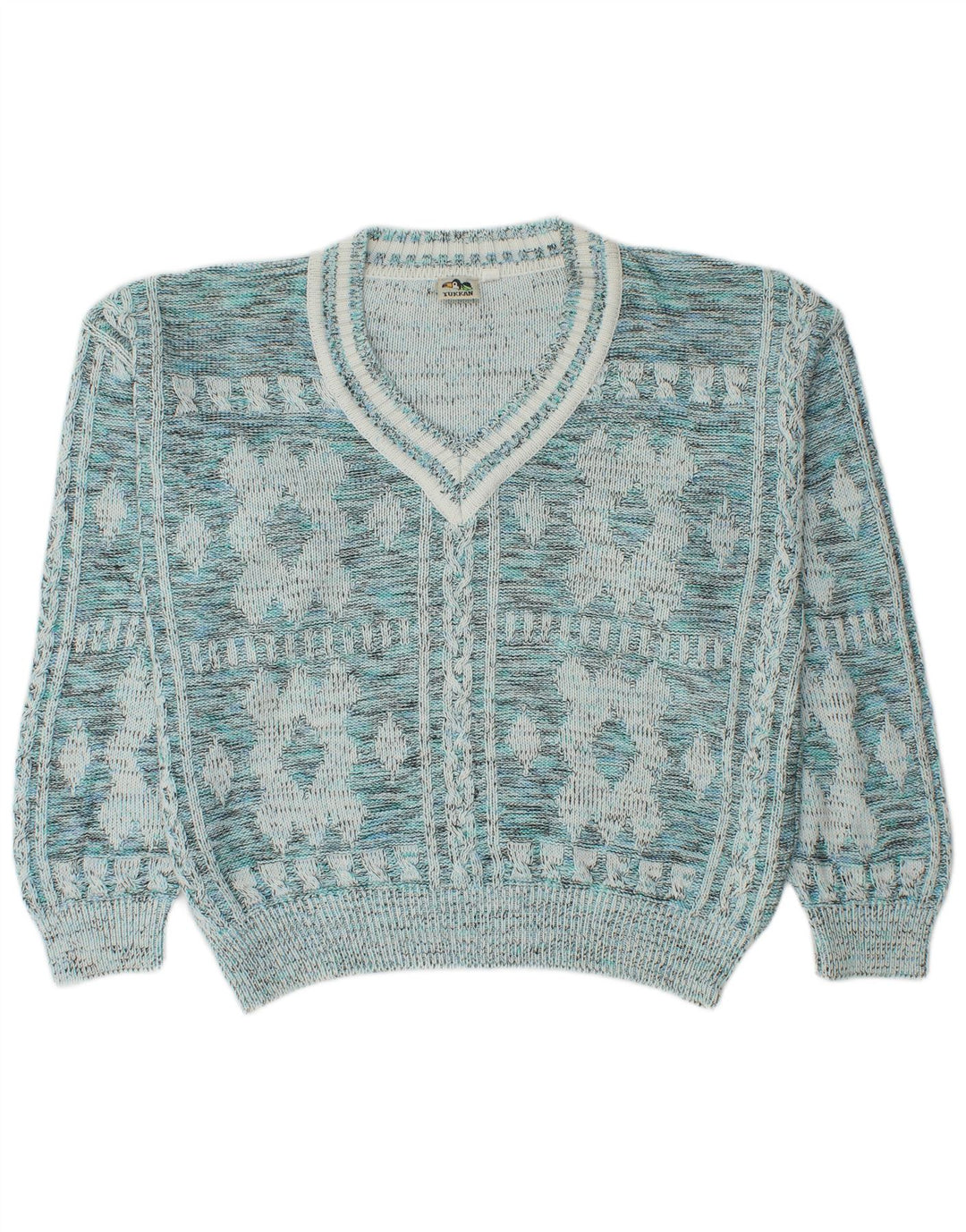 Suéter masculino vintage com decote em V IT 52 algodão geométrico azul grande