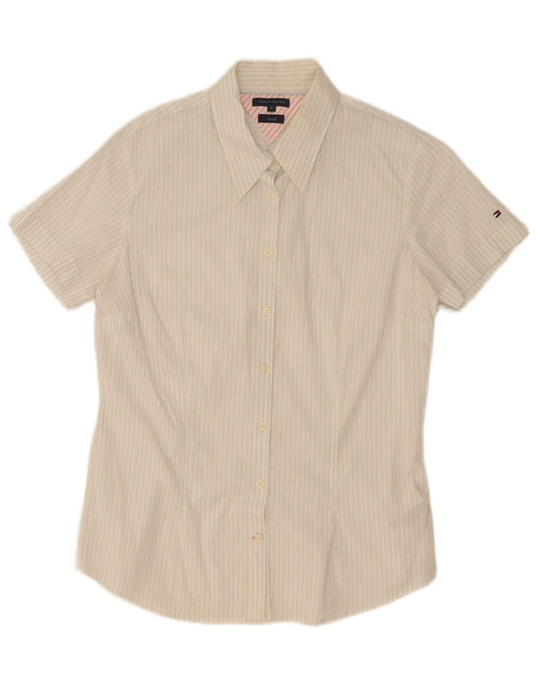 Camisa feminina Tommy Hilfiger de manga curta EUA 12 grande algodão listrado branco