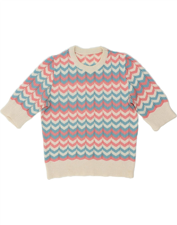 Suéter feminino VINTAGE com gola canoa UK 12 médio multicolorido Chevron