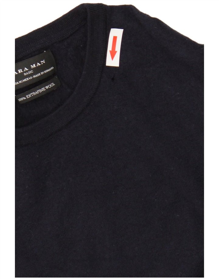 Zara Suéter masculino com gola redonda, lã azul marinho médio