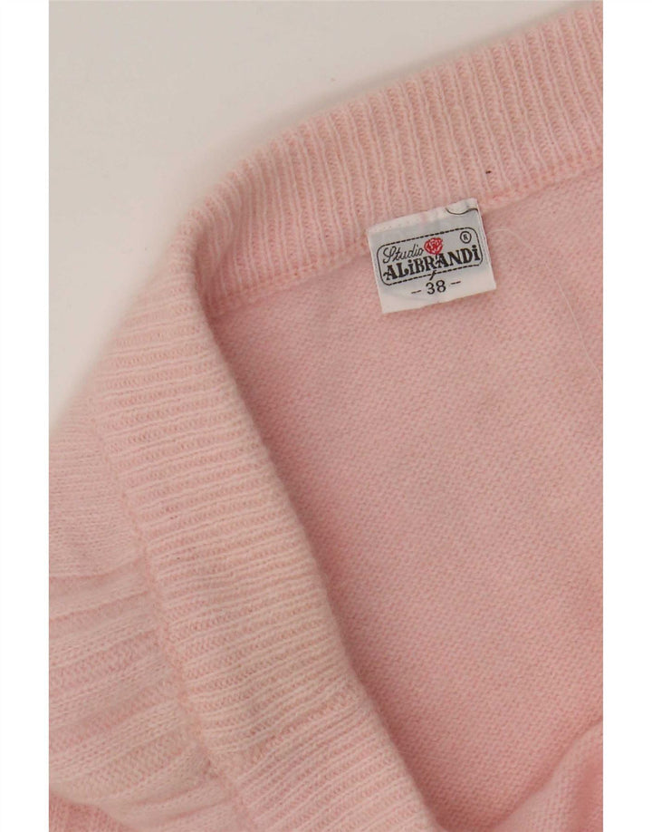 Saia midi de malha feminina vintage EU 38 médio W34 lã de cordeiro rosa