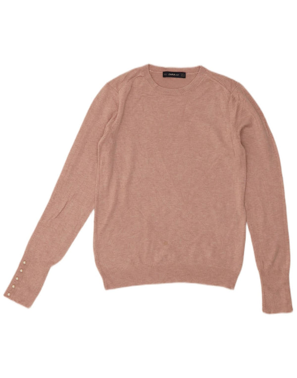 Suéter feminino Zara com gola redonda e viscose rosa médio UK 12