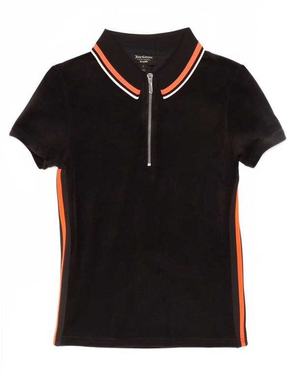 Camisa polo feminina Juicy Couture UK 8 pequena listrada preta de algodão