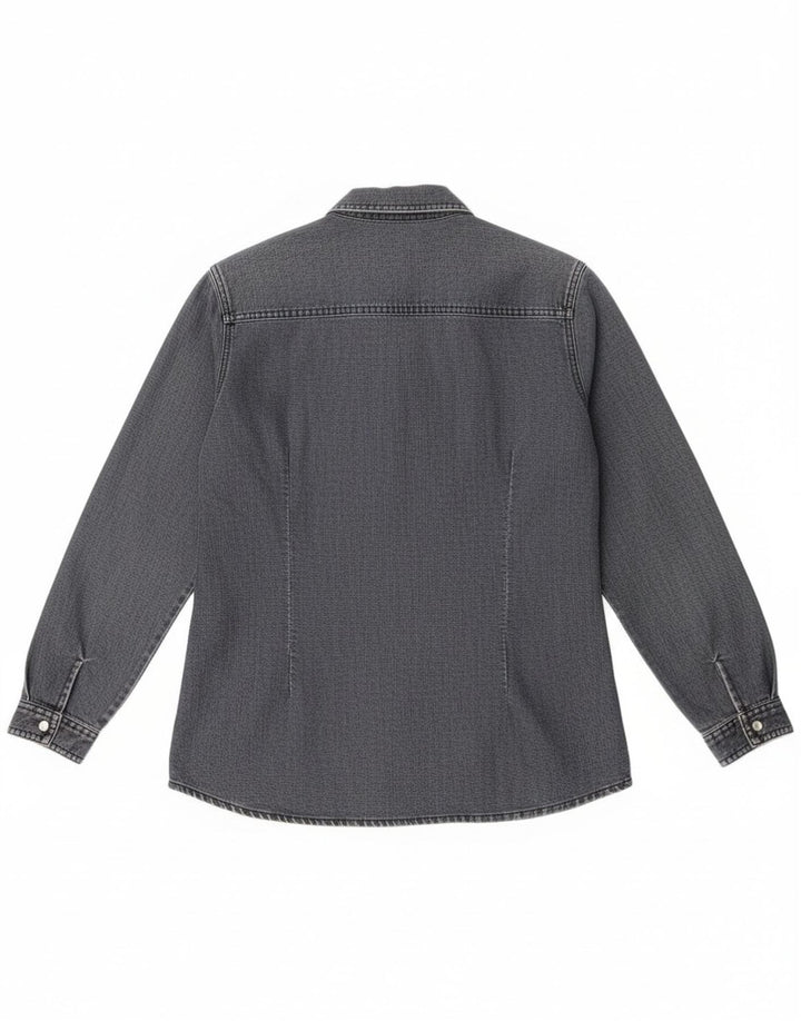 Camisa jeans feminina vintage Reino Unido 14 algodão cinza médio
