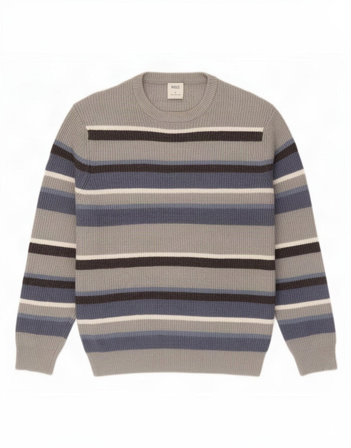 Suéter masculino Marks & Spencer com gola redonda, grande poliéster listrado cinza