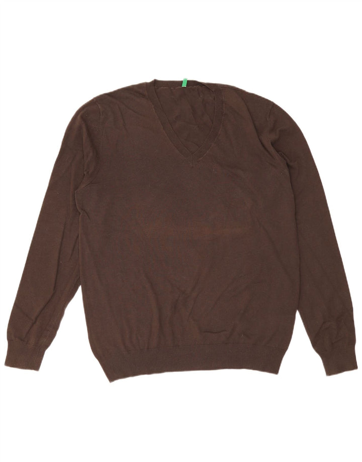 Suéter masculino Benetton com decote em V grande algodão marrom