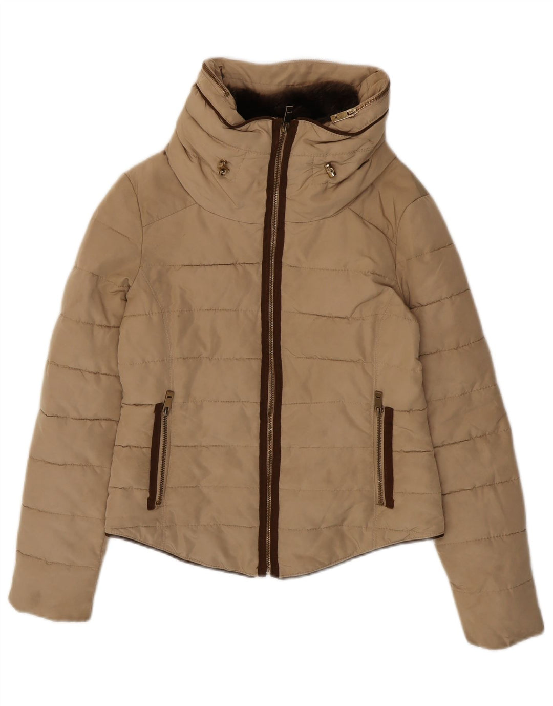 Jaqueta acolchoada com capuz Zara feminina UK 14 poliéster bege médio