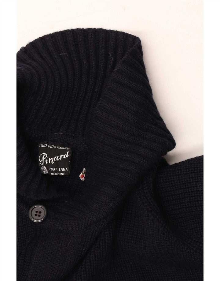 Suéter cardigã masculino vintage de lã virgem azul marinho médio
