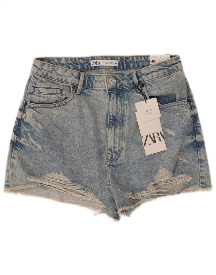 ZARA Shorts jeans feminino desgastado UE 40 médio W30 algodão azul
