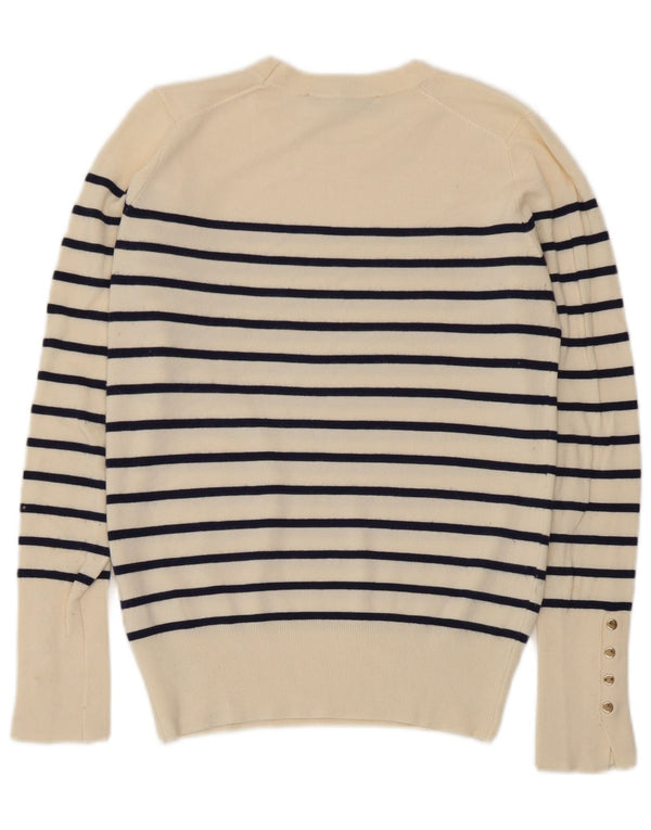 Suéter feminino Zara com gola redonda e viscose listrada branca pequena UK 10