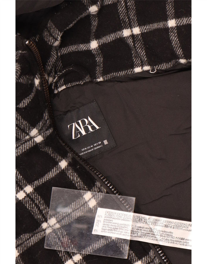 Colete acolchoado com capuz e capuz feminino Zara UK 14 médio preto xadrez