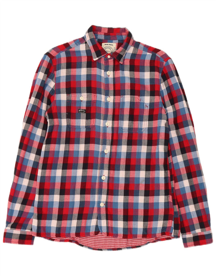 Camisa masculina diesel de flanela média xadrez vermelha de algodão