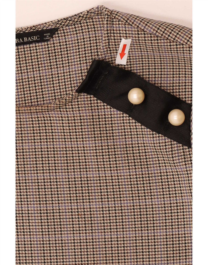 Blusa feminina de manga comprida Zara UK 14 poliéster marrom médio houndstooth