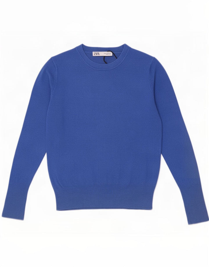 Suéter feminino Zara com gola canoa UK 12 viscose azul médio