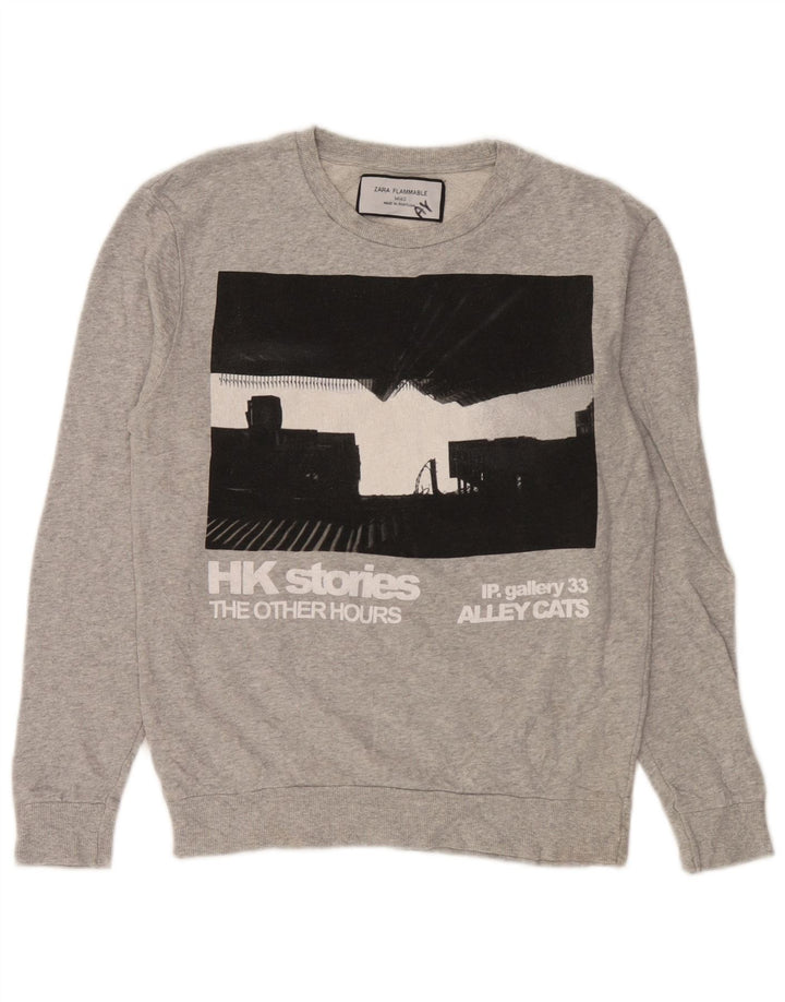 Zara moletom gráfico feminino jumper UK 14 algodão cinza médio