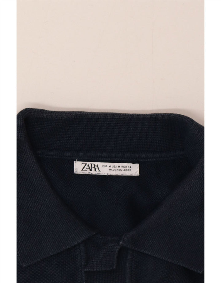 Zara Suéter masculino de manga curta com gola polo, azul marinho médio