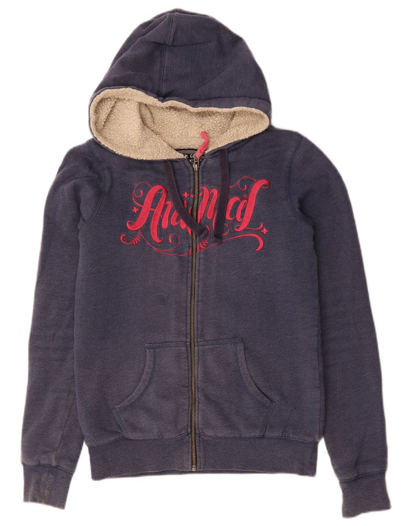 ANIMAL Womens Graphic Zip Hoodie Sweater UK 8 Small Navy Blue
