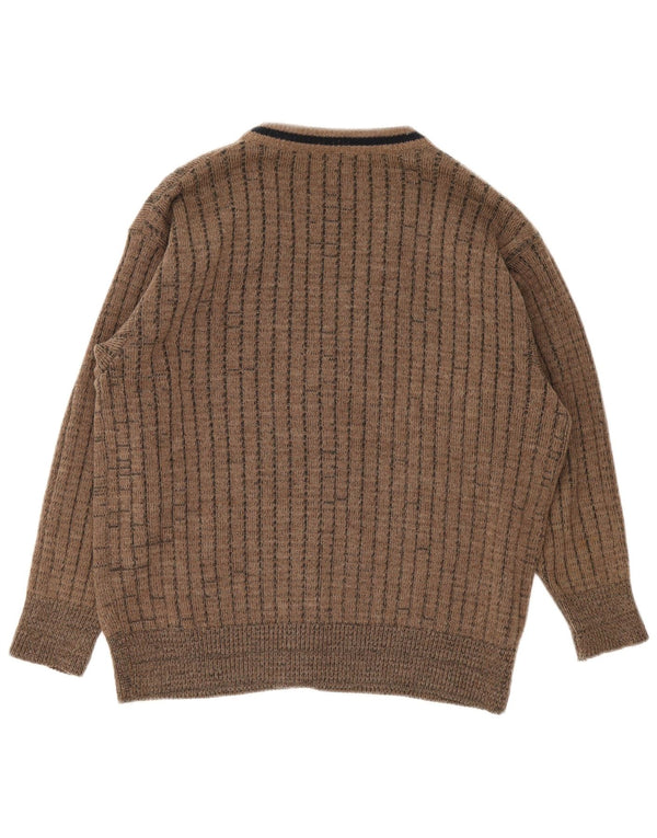Suéter cardigã masculino vintage Reino Unido 34/36 poliacrílico geométrico marrom pequeno