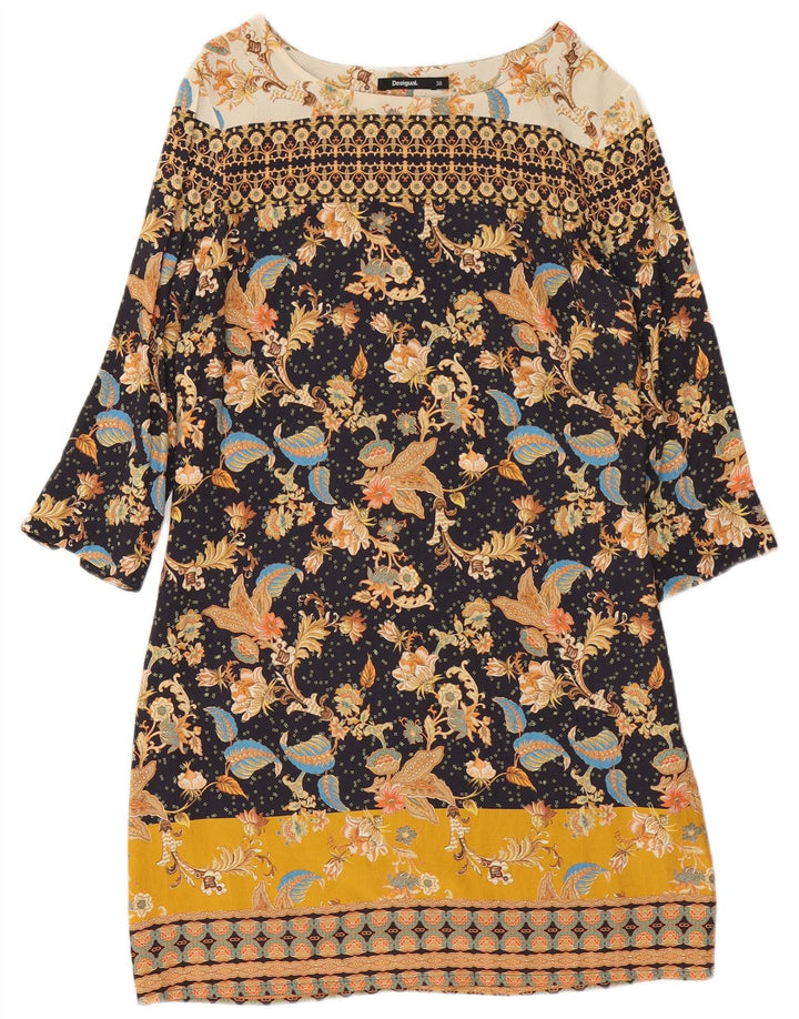 Desigual Vestido feminino manga 3/4 com bainha EU 38 médio floral multicolorido