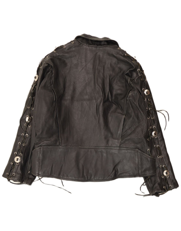 Jaqueta masculina vintage de couro para motociclista grande em couro preto