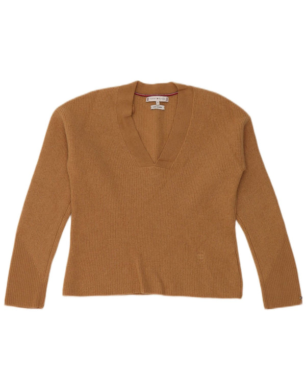 Tommy Hilfiger Suéter feminino cropped com decote em V Reino Unido 6 XS lã bege