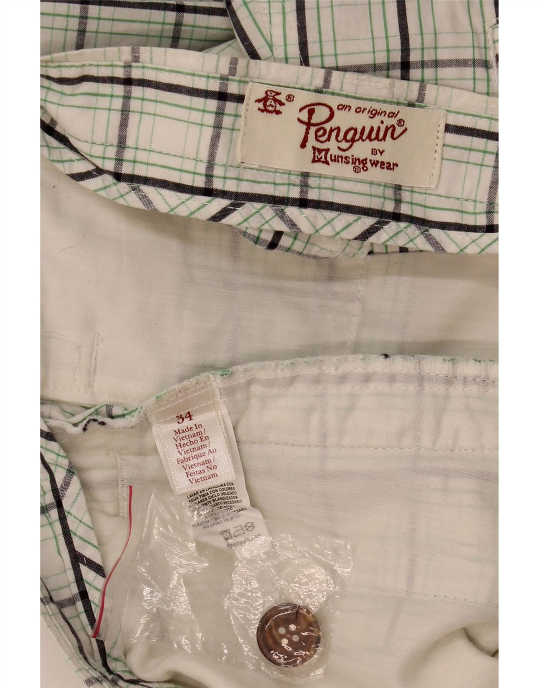 PENGUIN Mens Chino Shorts W34 Grande Algodão Xadrez Branco