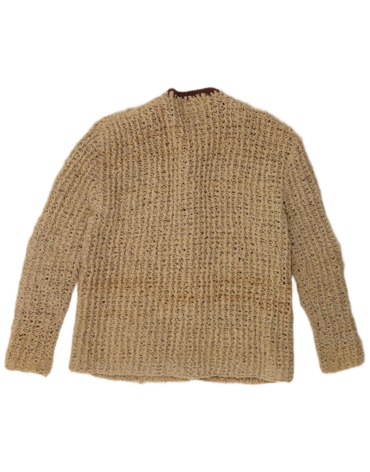 Suéter cardigã feminino vintage UK 14 bloco colorido bege médio