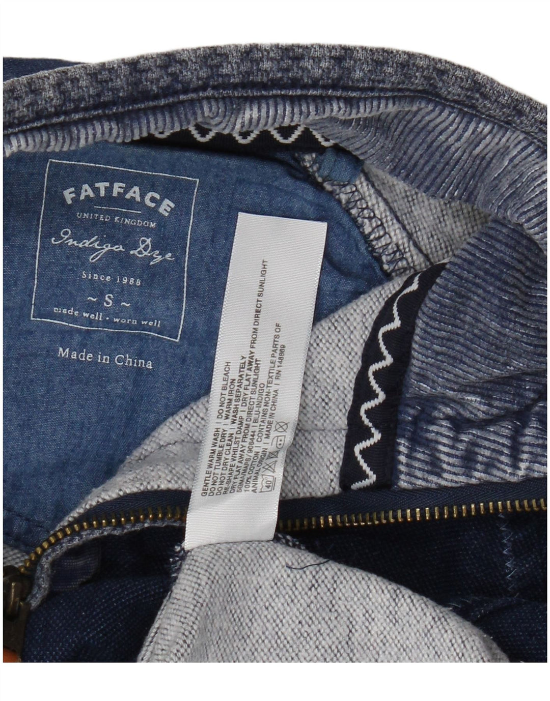 Fat Face Masculino Indigo Zip Neck Moletom Jumper Pequeno Algodão Azul