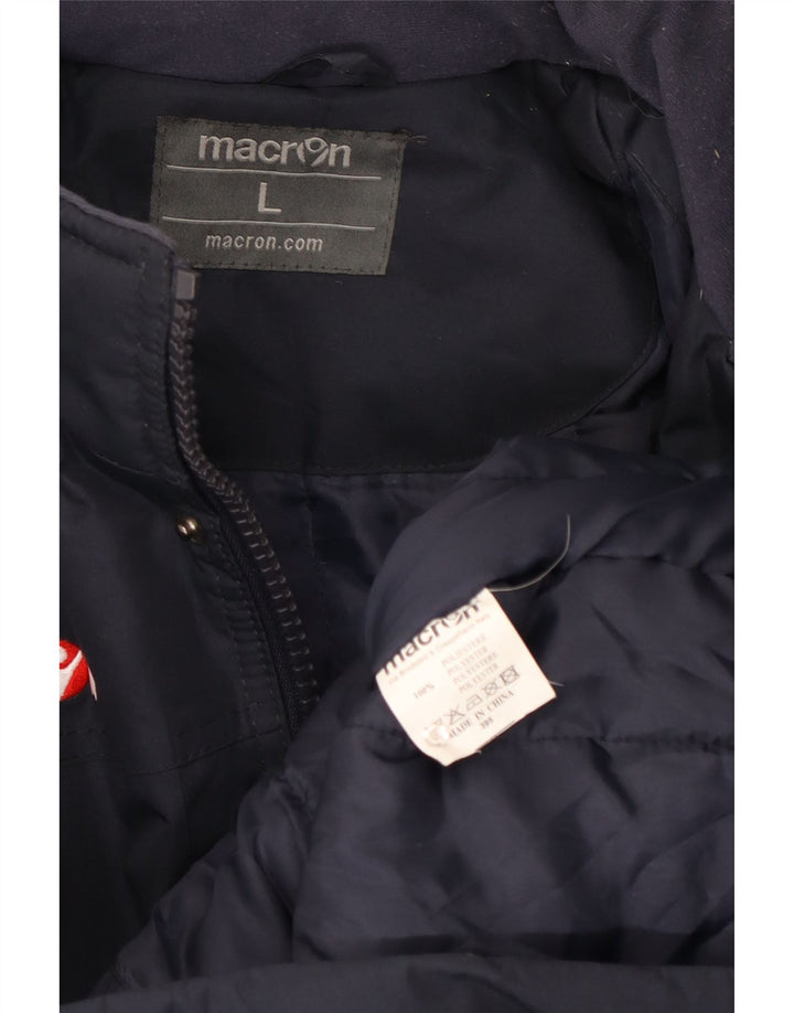 Jaqueta masculina acolchoada com capuz gráfico Macron UK 40 grande poliéster azul marinho