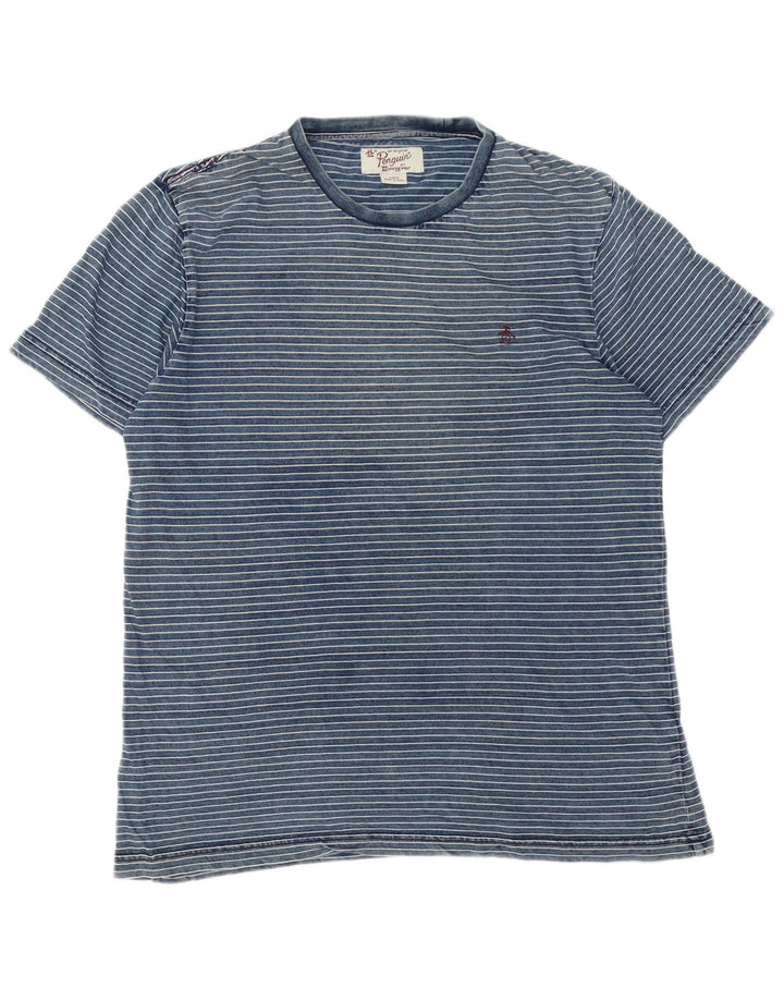 Camiseta masculina Penguin Top grande algodão listrado azul