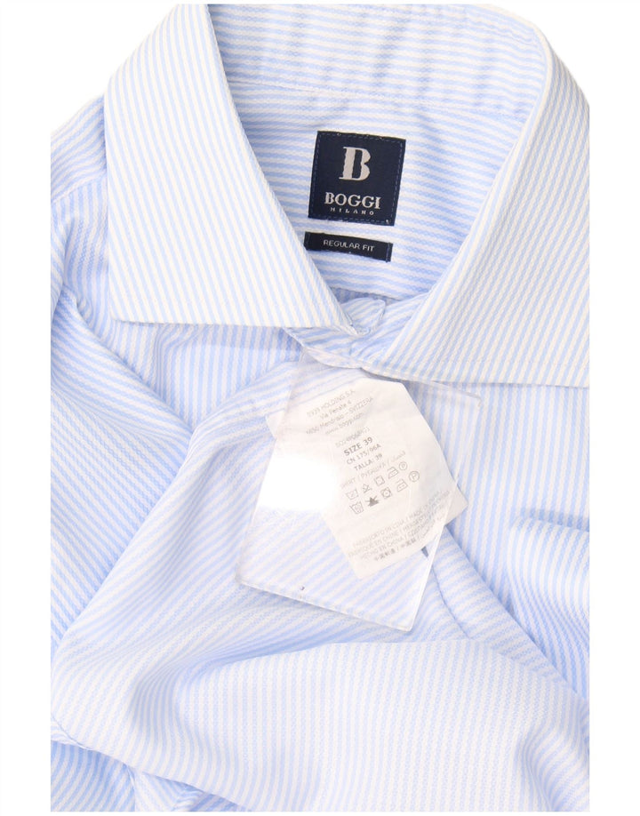 Camisa masculina Boggi de ajuste regular tamanho 39 15 1/2 algodão listrado azul médio