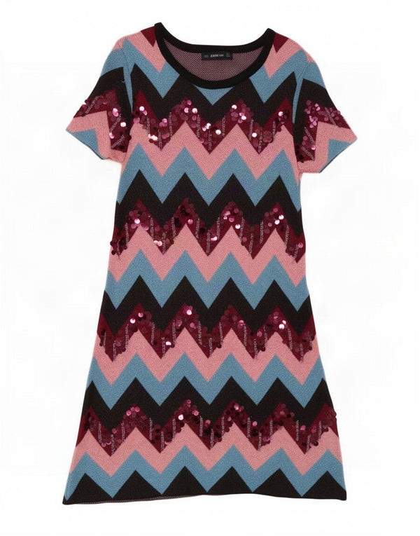Zara Vestido feminino de mangas curtas, Reino Unido 8 Pequeno Chevron multicolorido