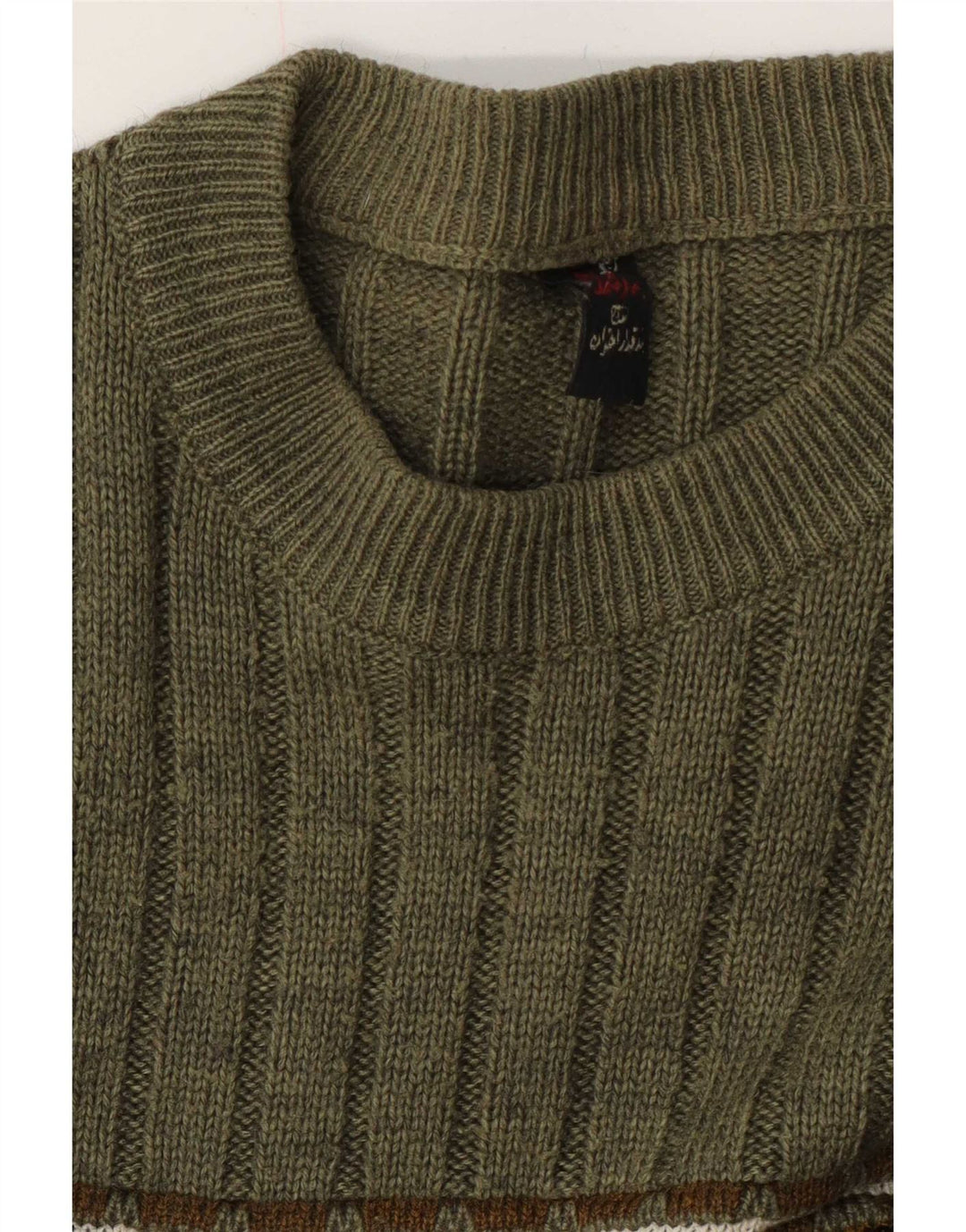 Suéter vintage masculino com gola redonda, verde médio, Fair Isle